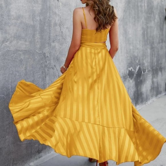 Yellow Striped Tie Front Cami Top with matching Ruffle Hem Wrap Skirt Set - Picture 2 of 7